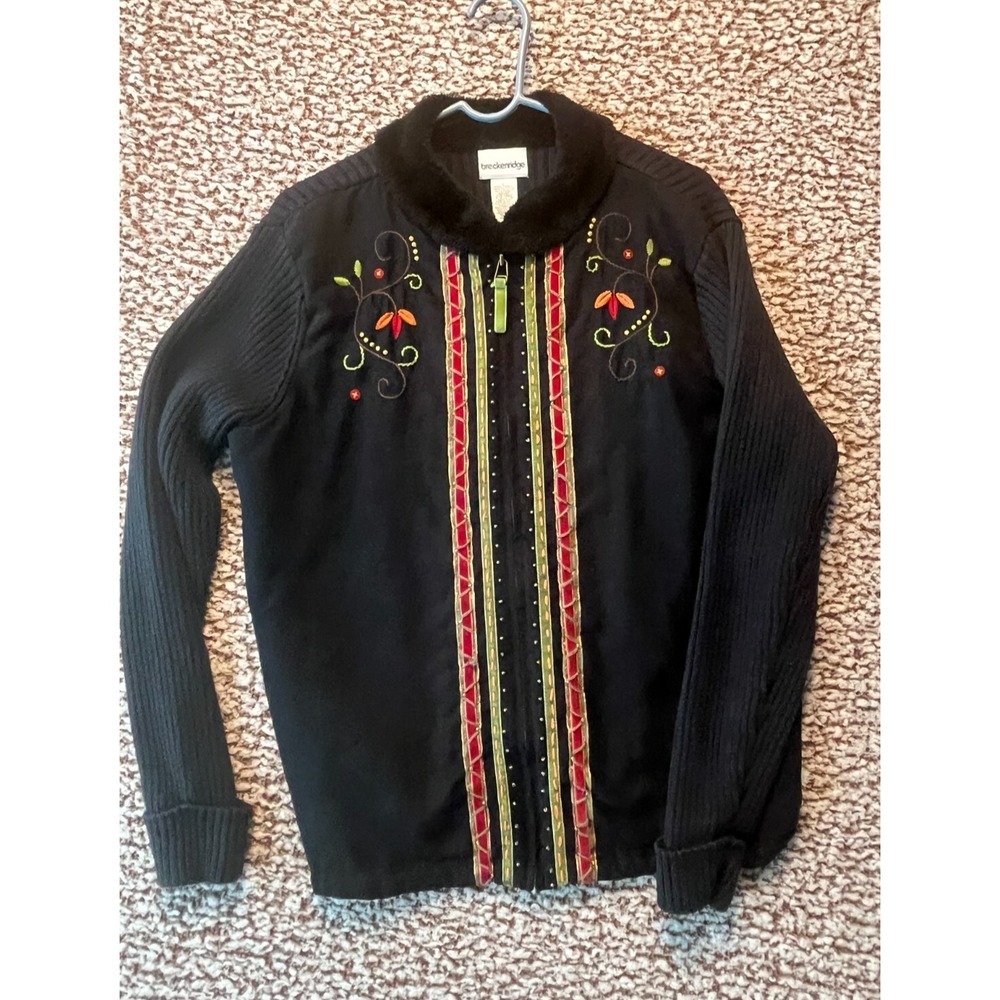 Breckenridge Black Embroidered Zip Sweater Coat L Faux Fur Collar Boho Floral